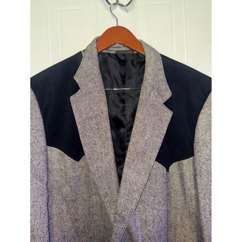 Circle S Western Herringbone Sport Coat Blazer Grey Black Suede Yoke Silk 48L - Picture 3 of 12